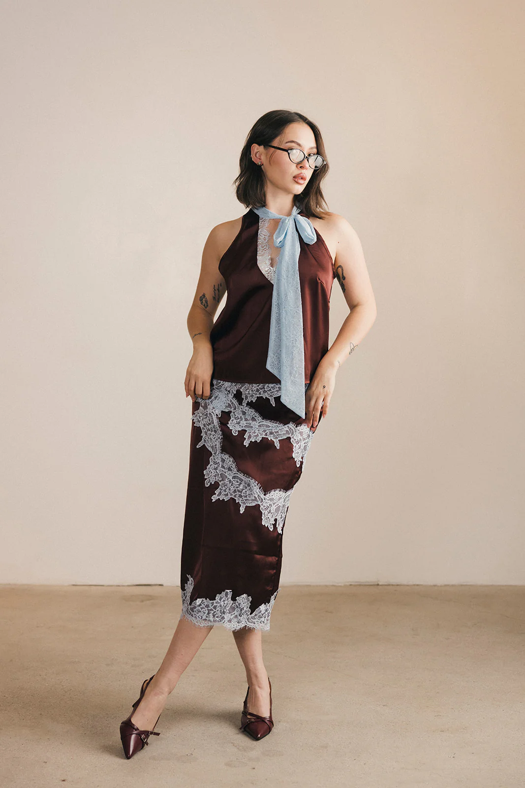 Lacey Lace Trim Tie Top And Skirt Set - Brown/Blue - Image 3