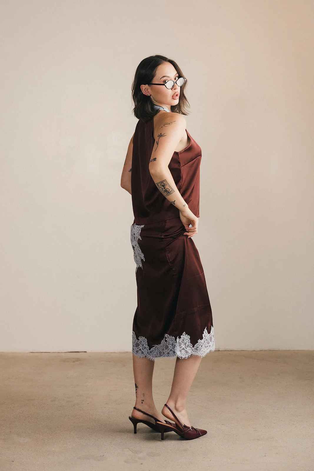 Lacey Lace Trim Tie Top And Skirt Set - Brown/Blue - Image 4