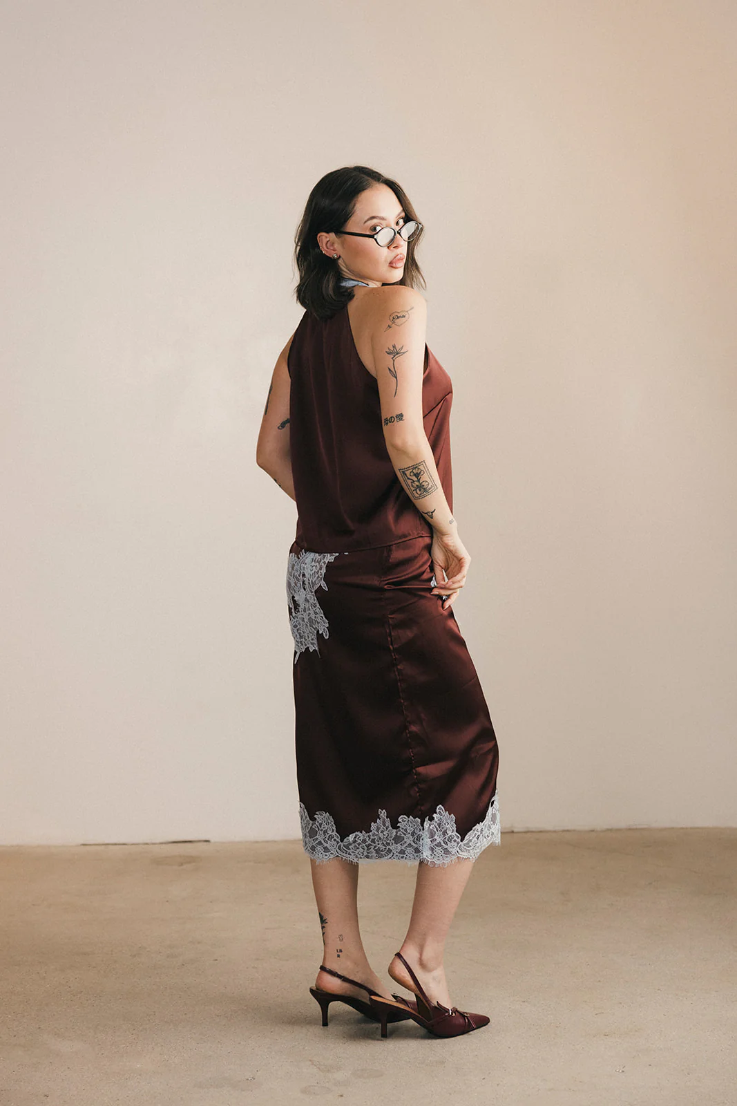 Lacey Lace Trim Tie Top And Skirt Set - Brown/Blue - Image 5