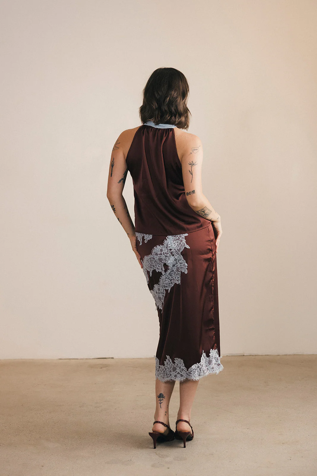 Lacey Lace Trim Tie Top And Skirt Set - Brown/Blue - Image 7