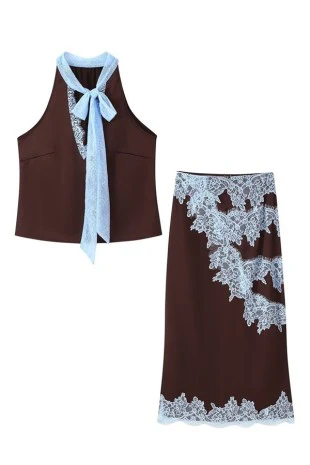 Lacey Lace Trim Tie Top And Skirt Set - Brown/Blue - Image 8