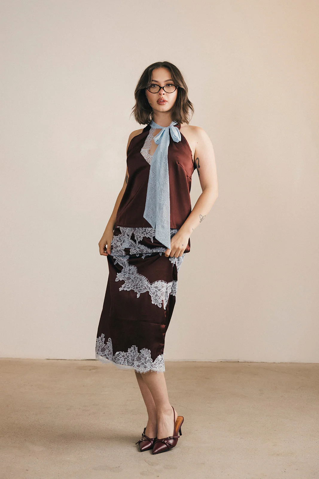 Lacey Lace Trim Tie Top And Skirt Set - Brown/Blue - Image 9