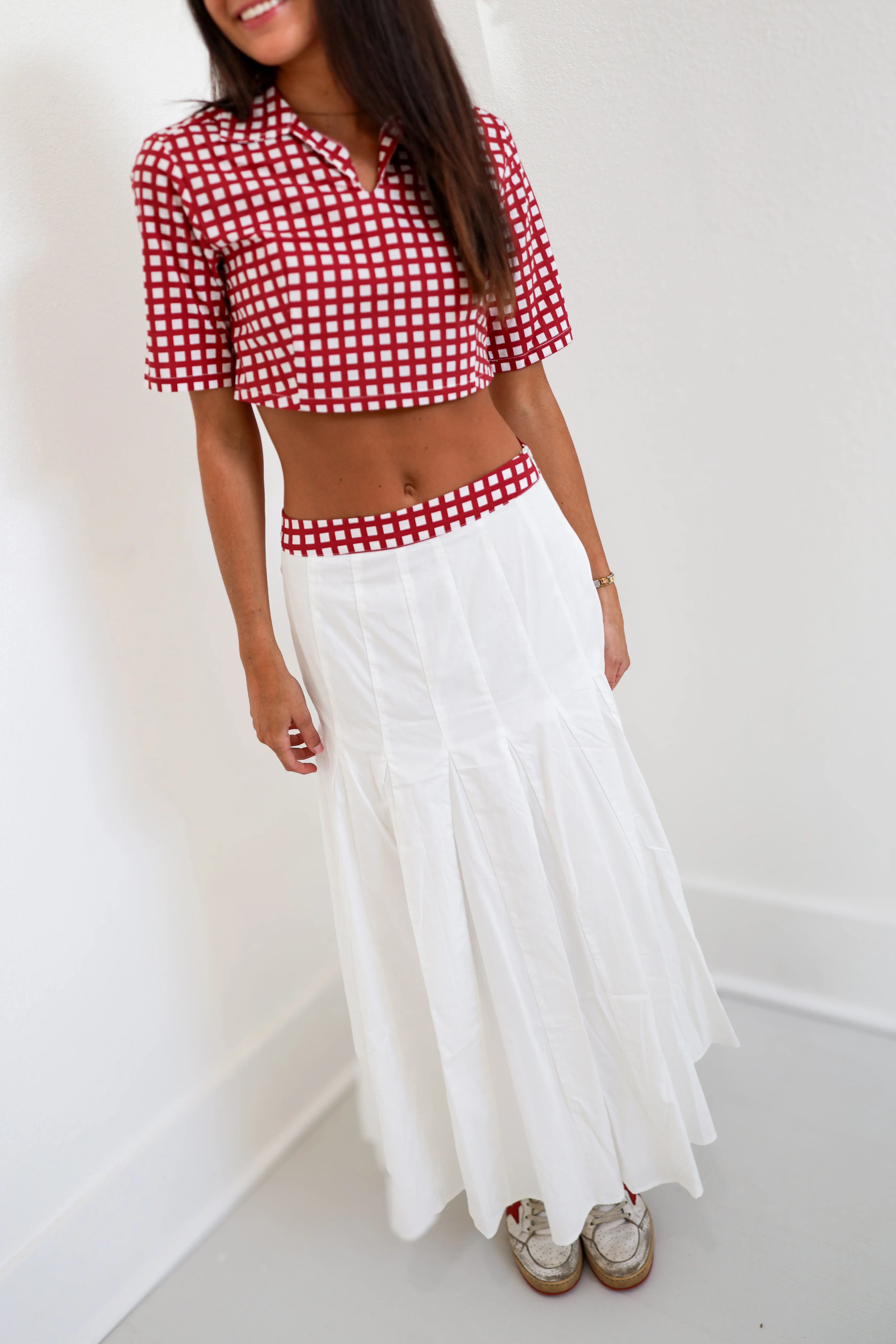 Maning Double Layer Pleated Maxi Skirt - Crimson/White Gingham - Image 3
