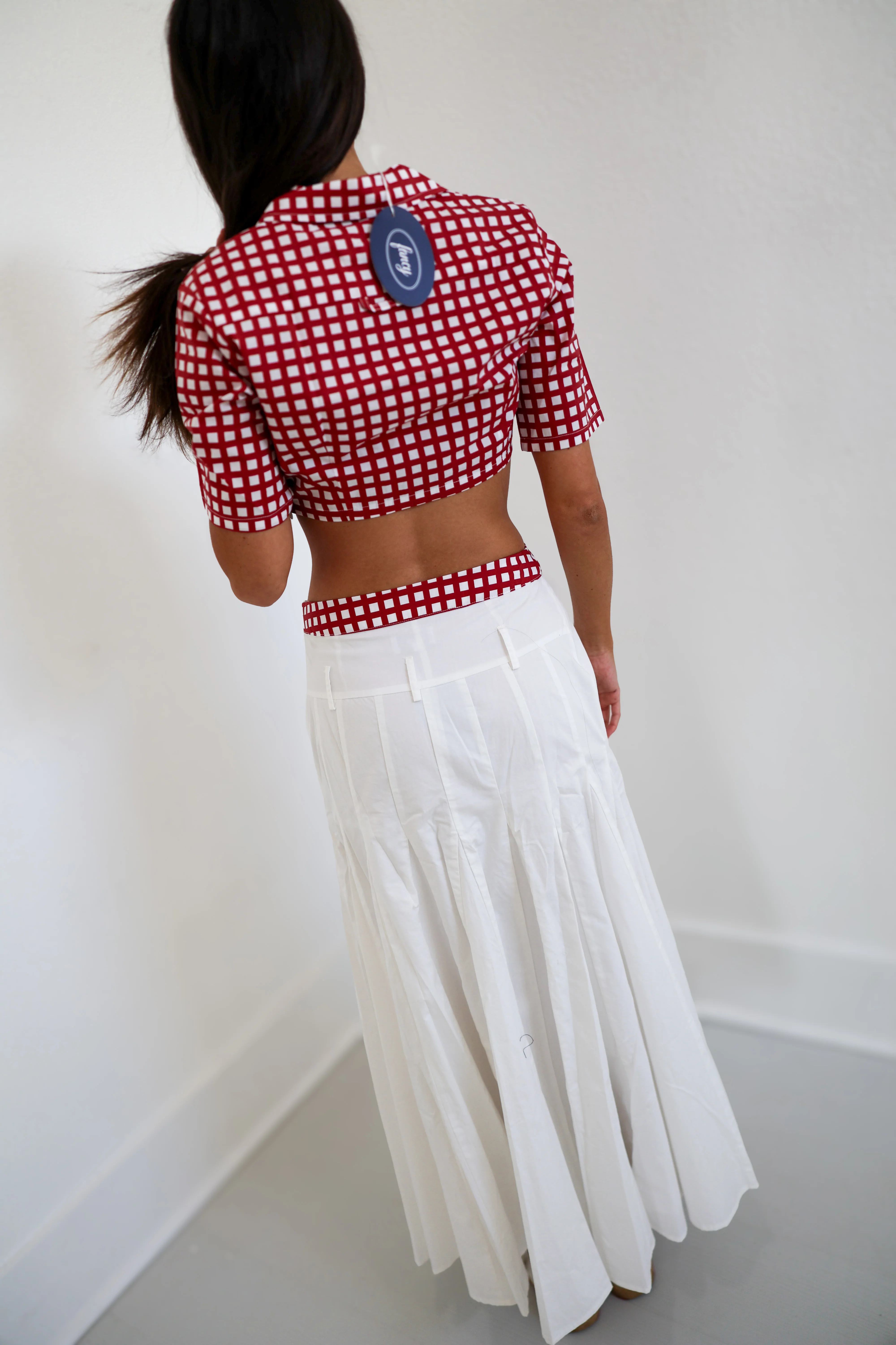 Maning Double Layer Pleated Maxi Skirt - Crimson/White Gingham - Image 4