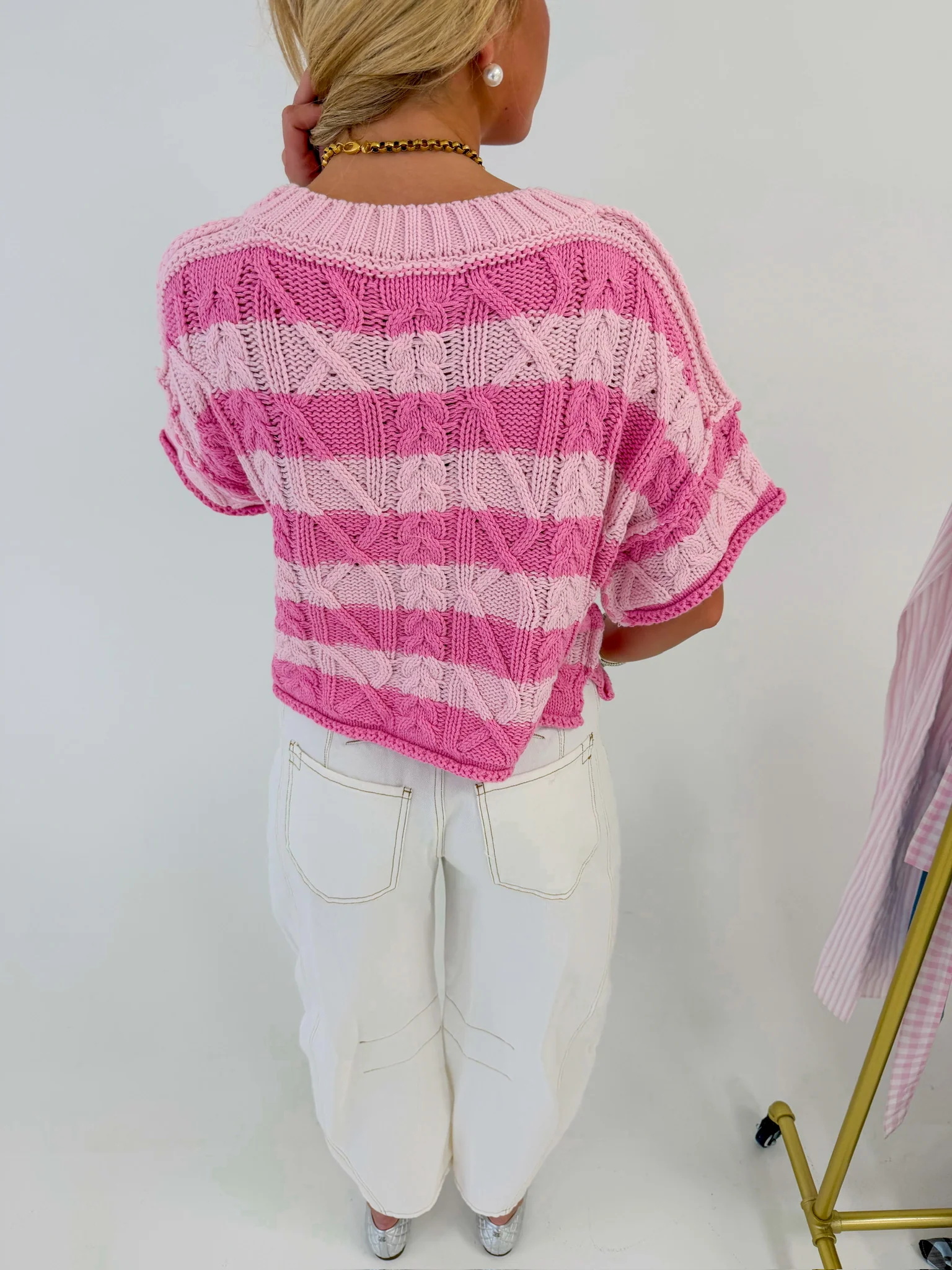 Millie Short Sleeve Knit Sweater Top - Lt Pink Stripe - Image 3