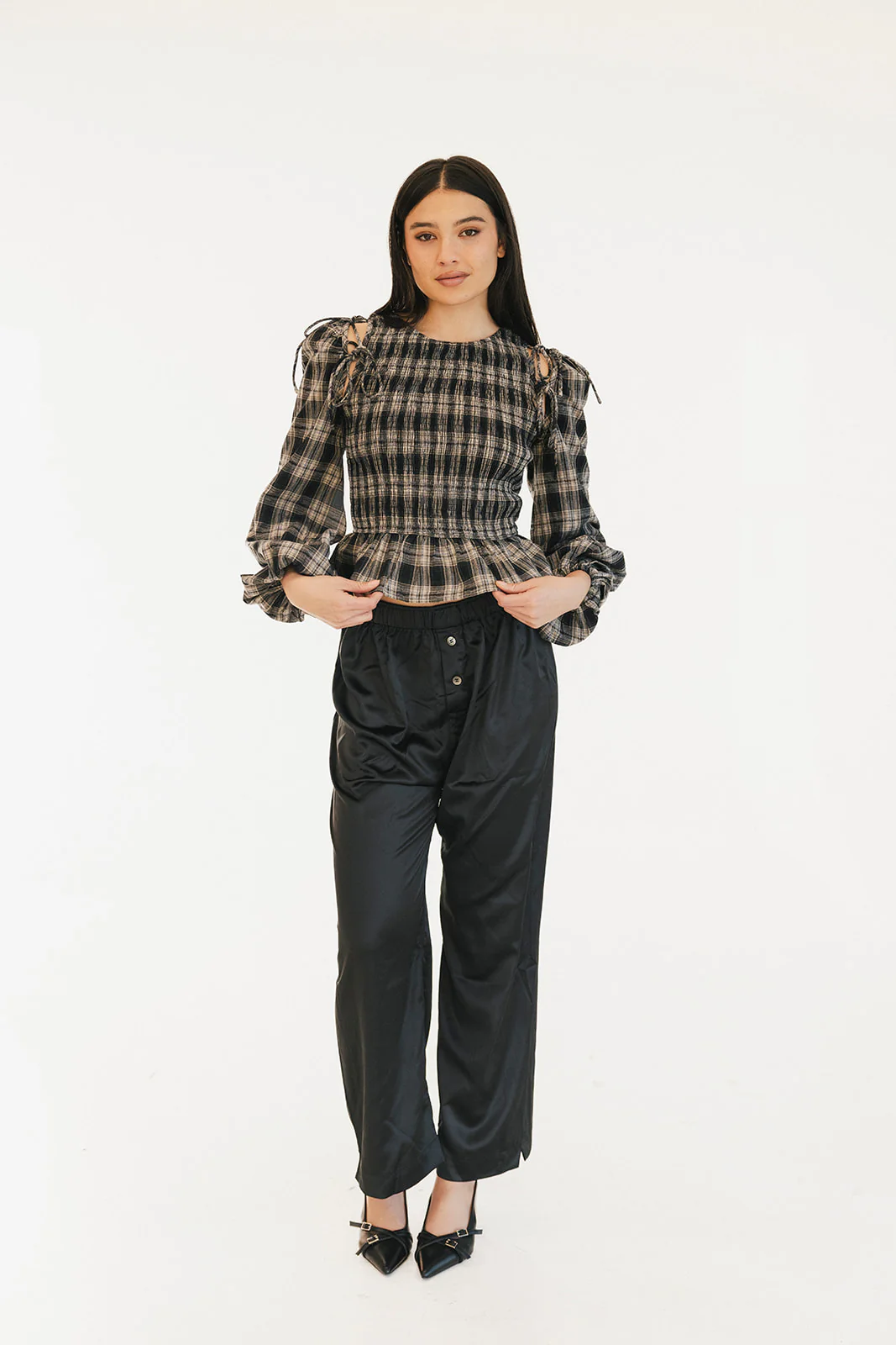 Naomi Plaid Long Sleeve Top - Black - Image 10