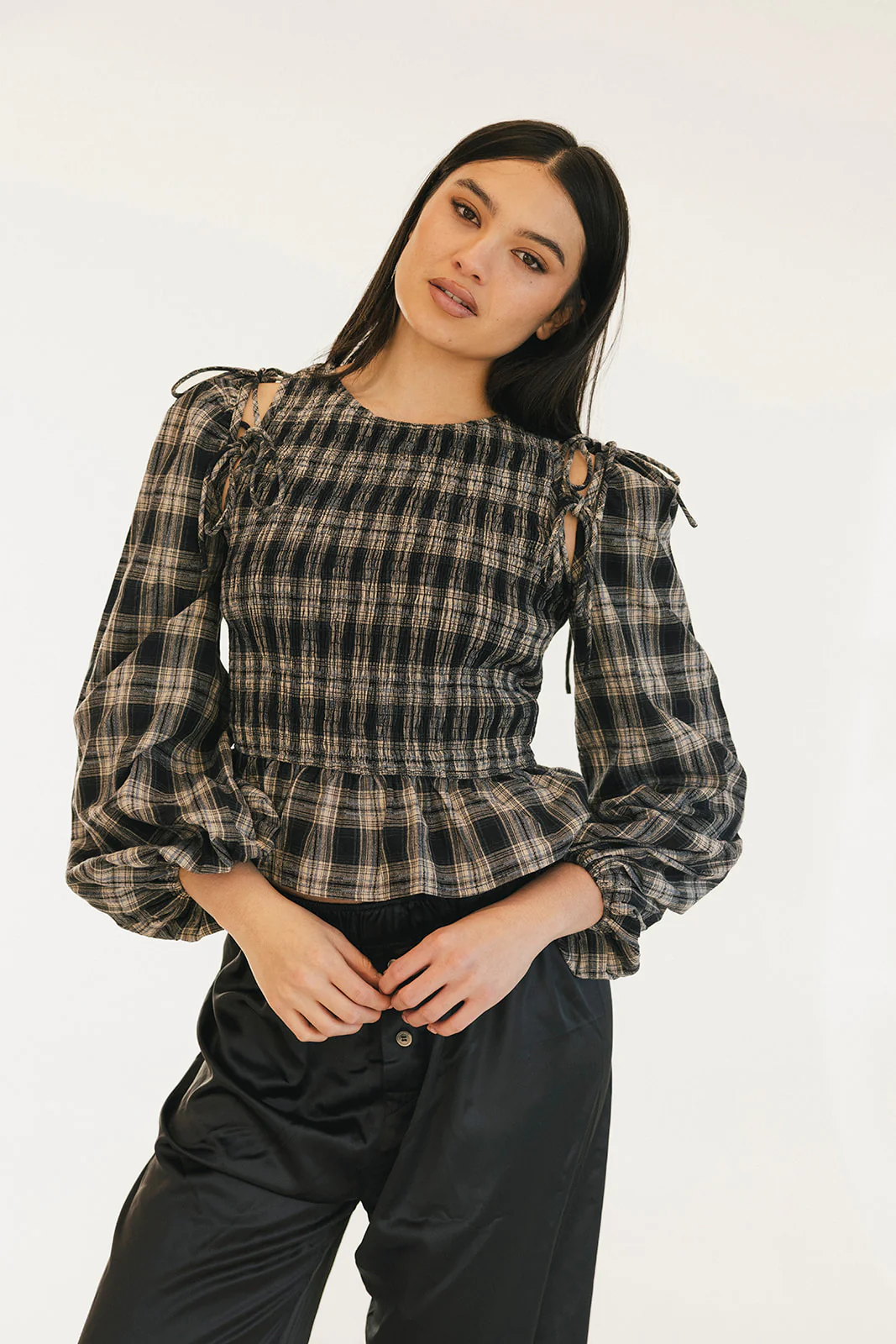 Naomi Plaid Long Sleeve Top - Black - Image 11