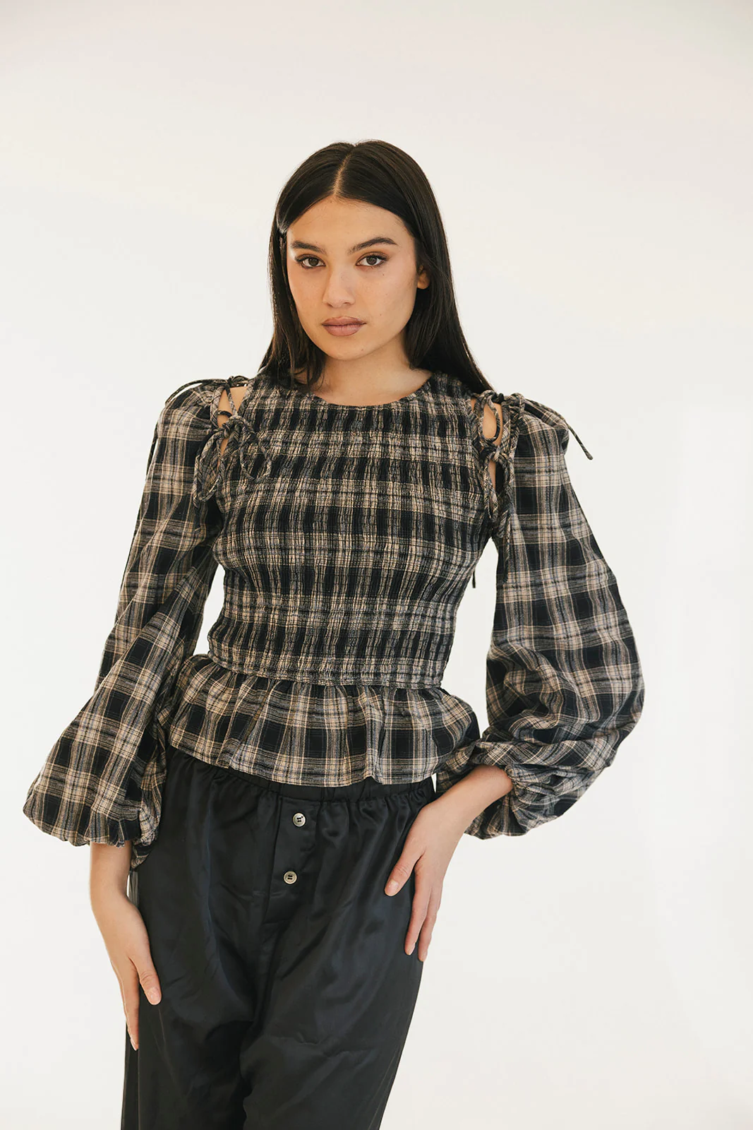 Naomi Plaid Long Sleeve Top - Black - Image 12