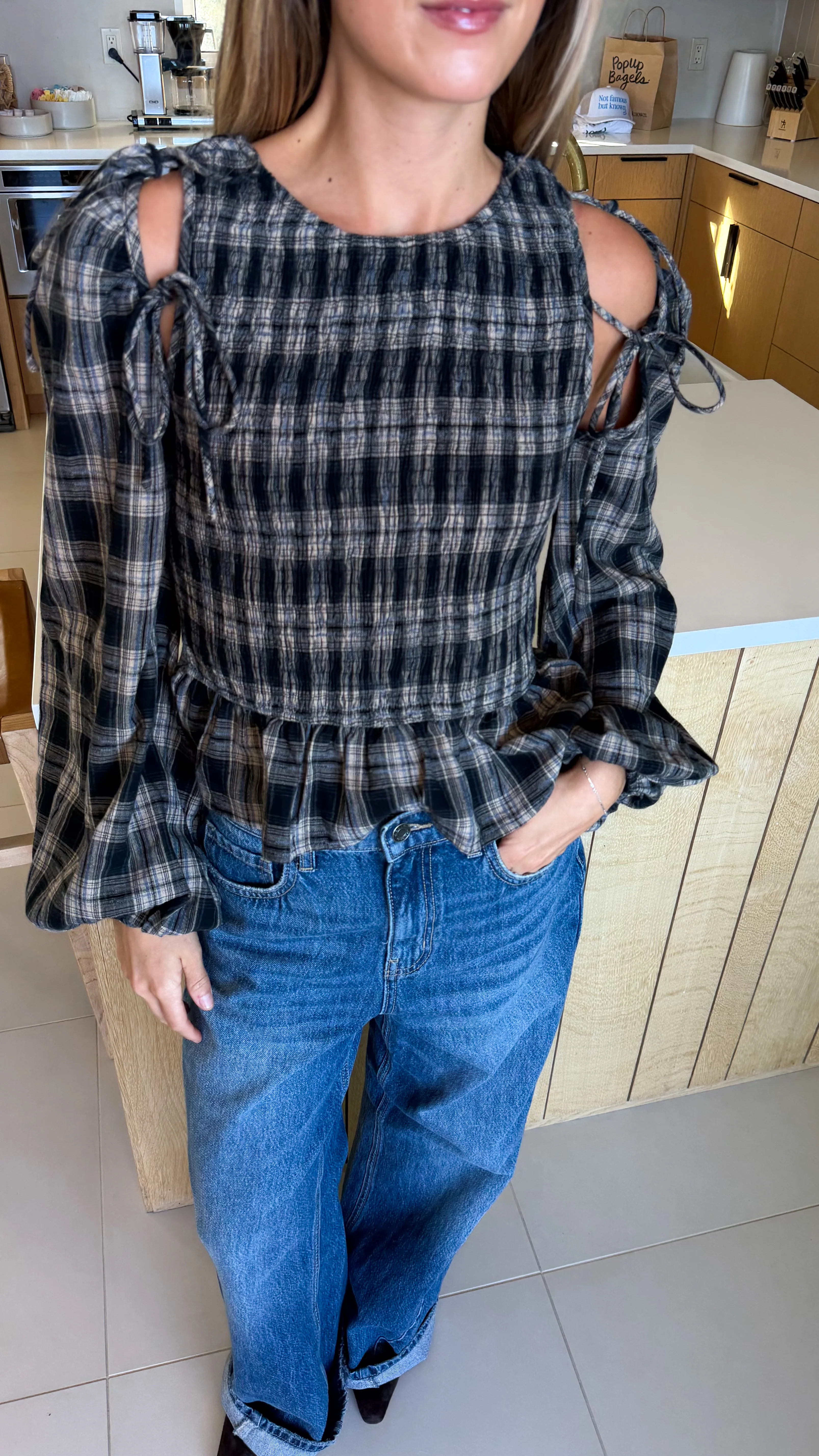 Naomi Plaid Long Sleeve Top - Black - Image 3