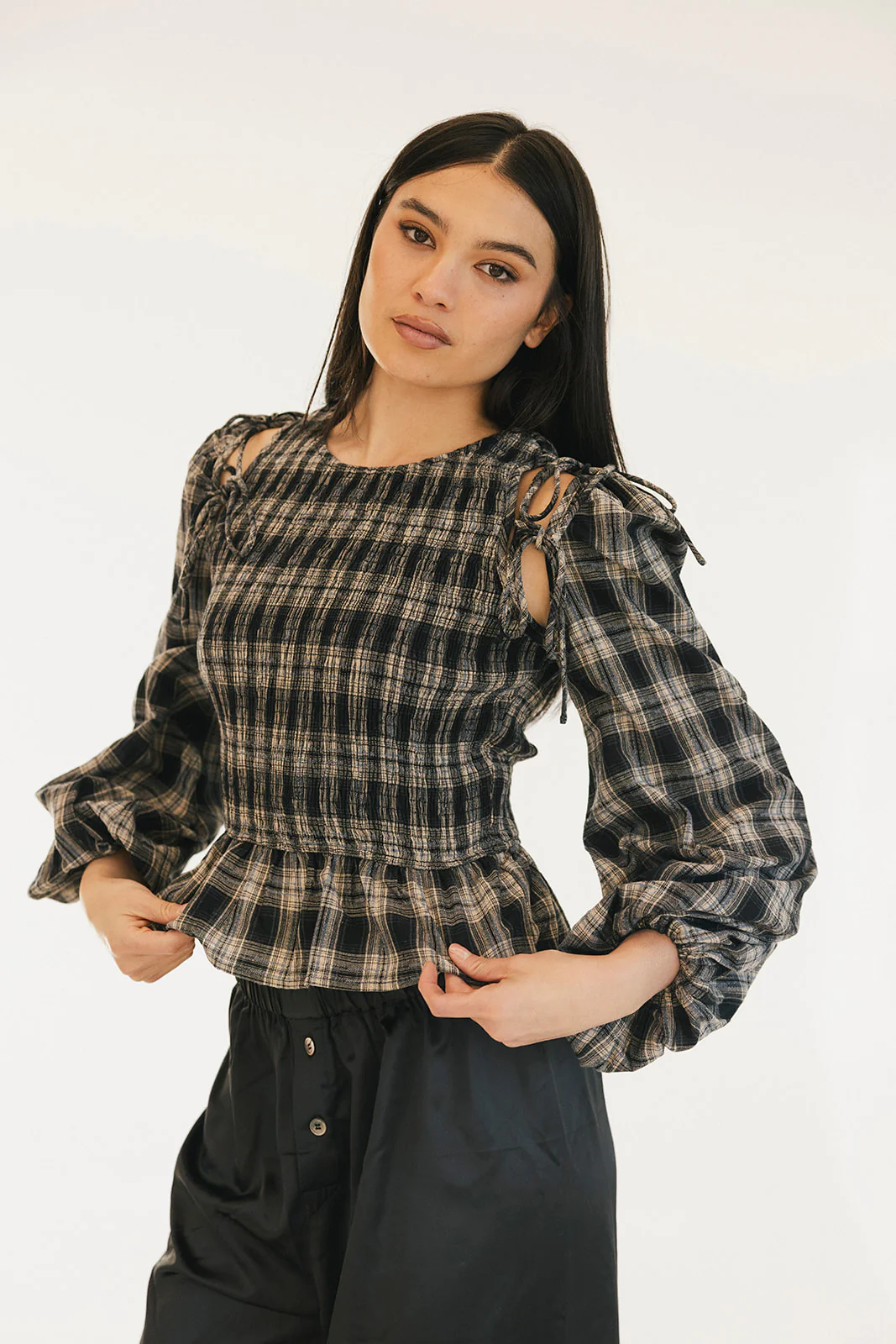 Naomi Plaid Long Sleeve Top - Black - Image 5