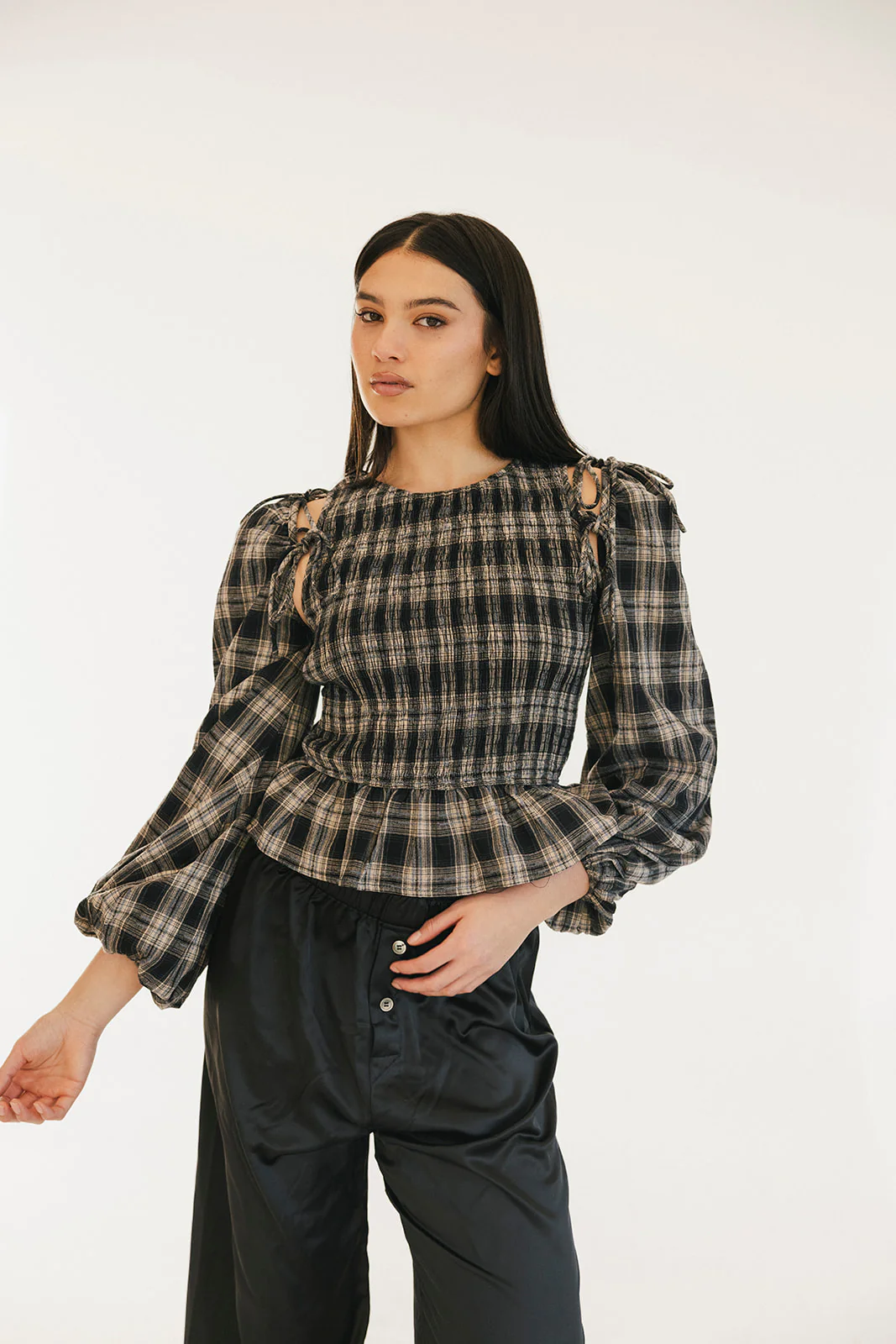 Naomi Plaid Long Sleeve Top - Black - Image 6