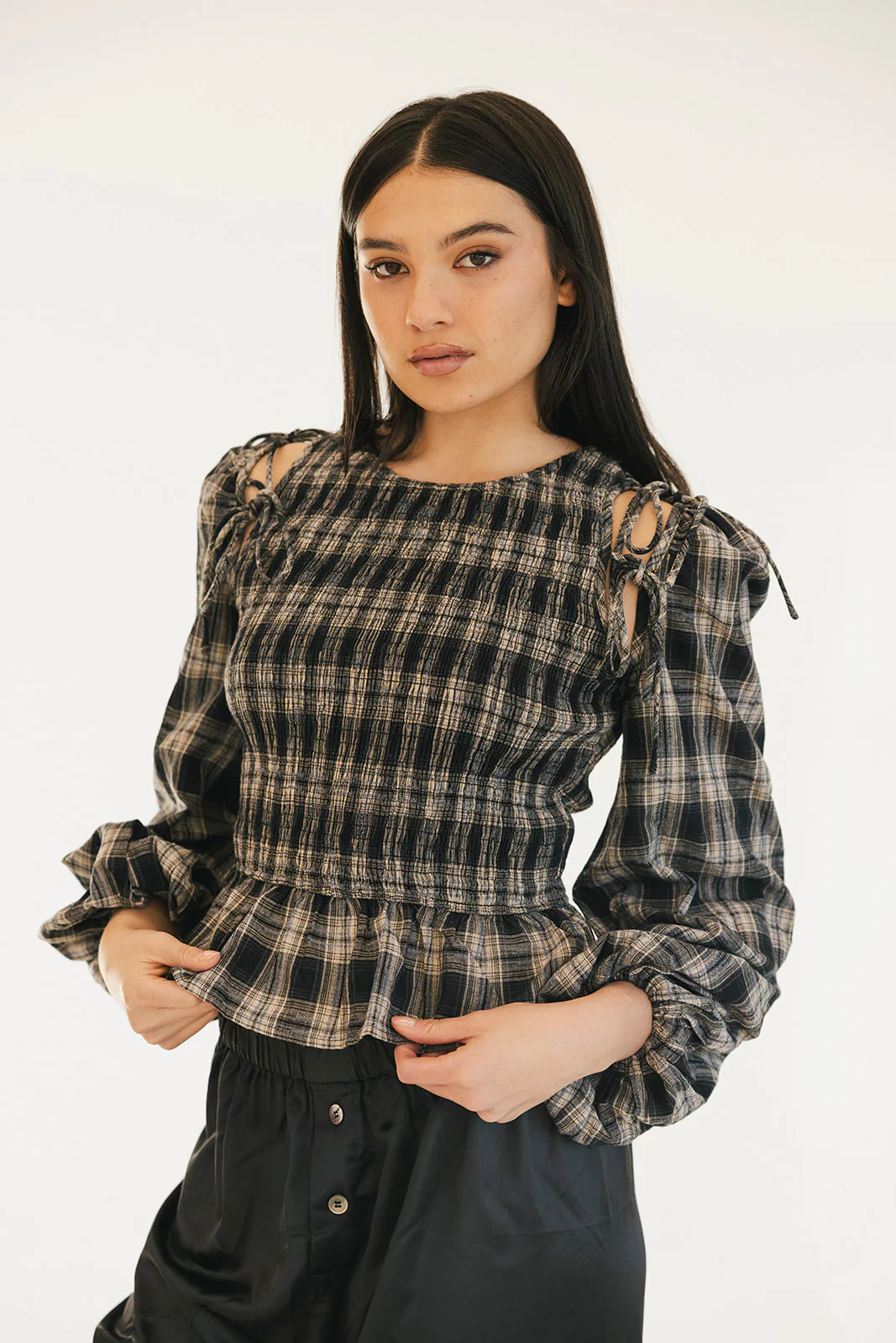 Naomi Plaid Long Sleeve Top - Black - Image 7
