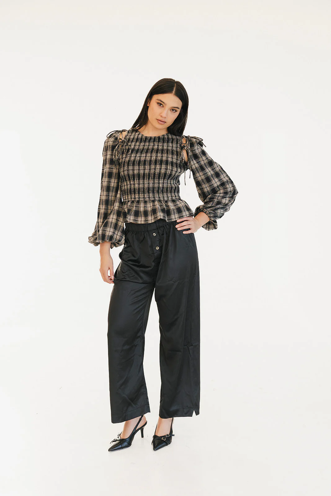 Naomi Plaid Long Sleeve Top - Black - Image 8