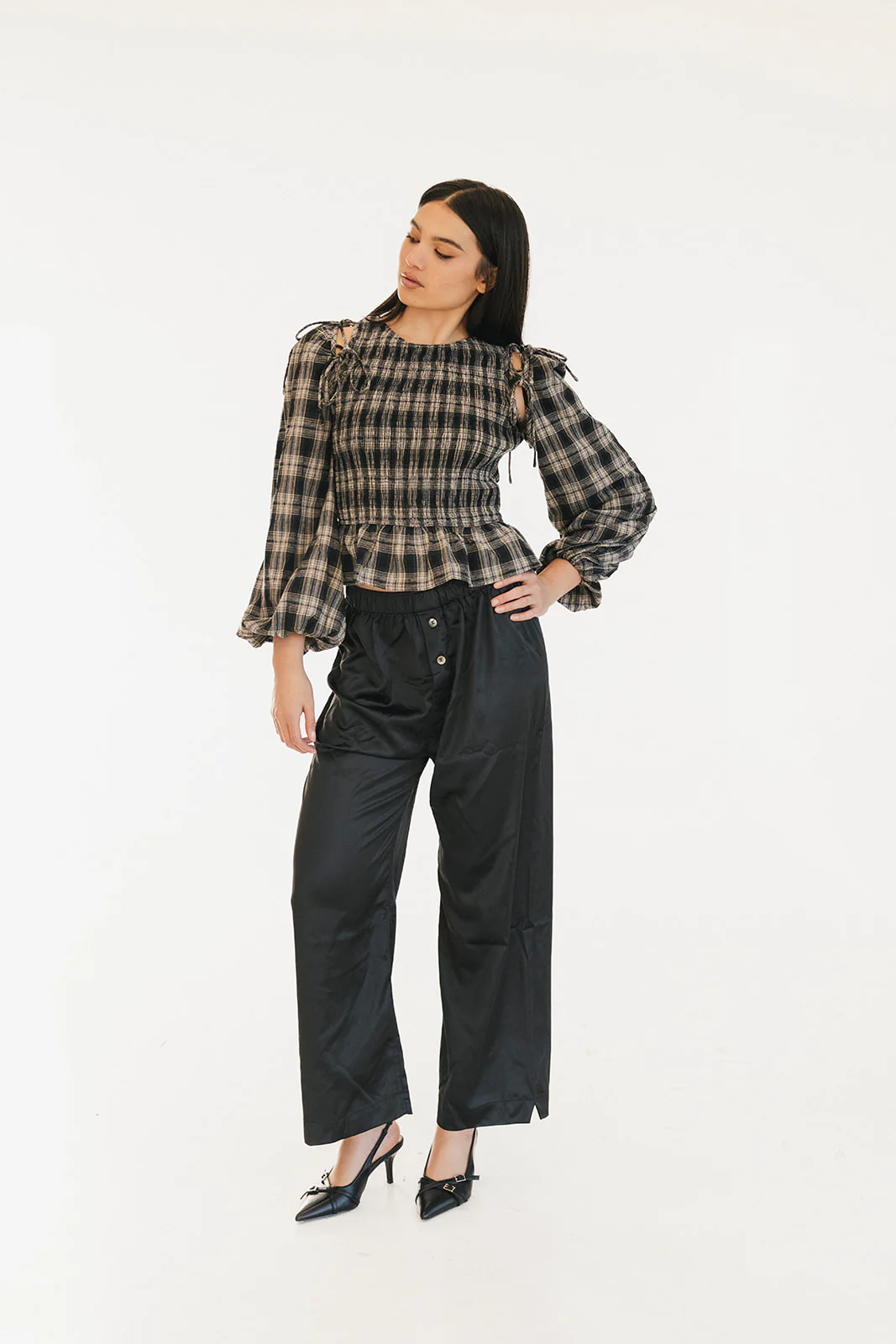 Naomi Plaid Long Sleeve Top - Black - Image 9