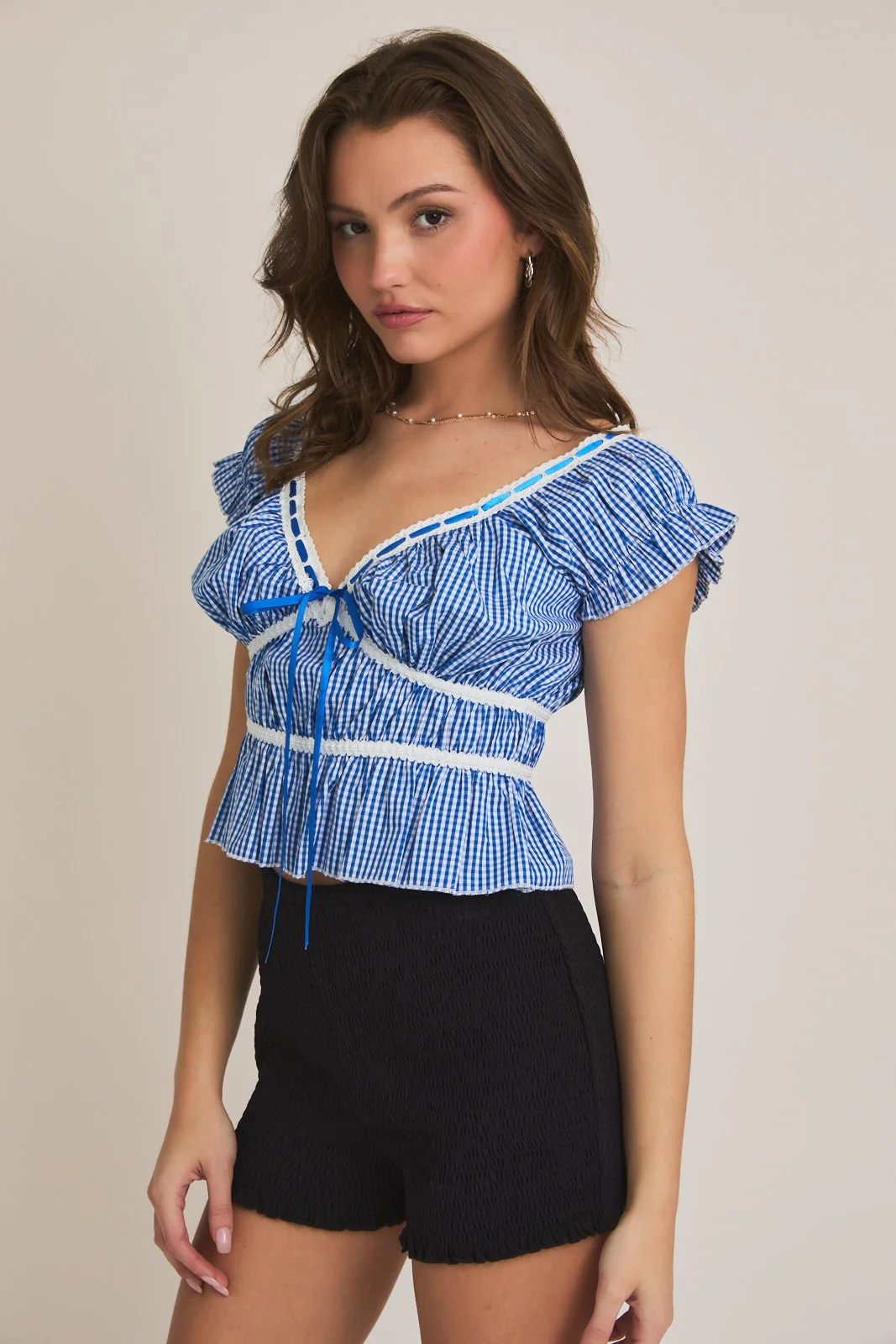 Pippa Top Lace Trim - Blue/White Gingham - Image 6