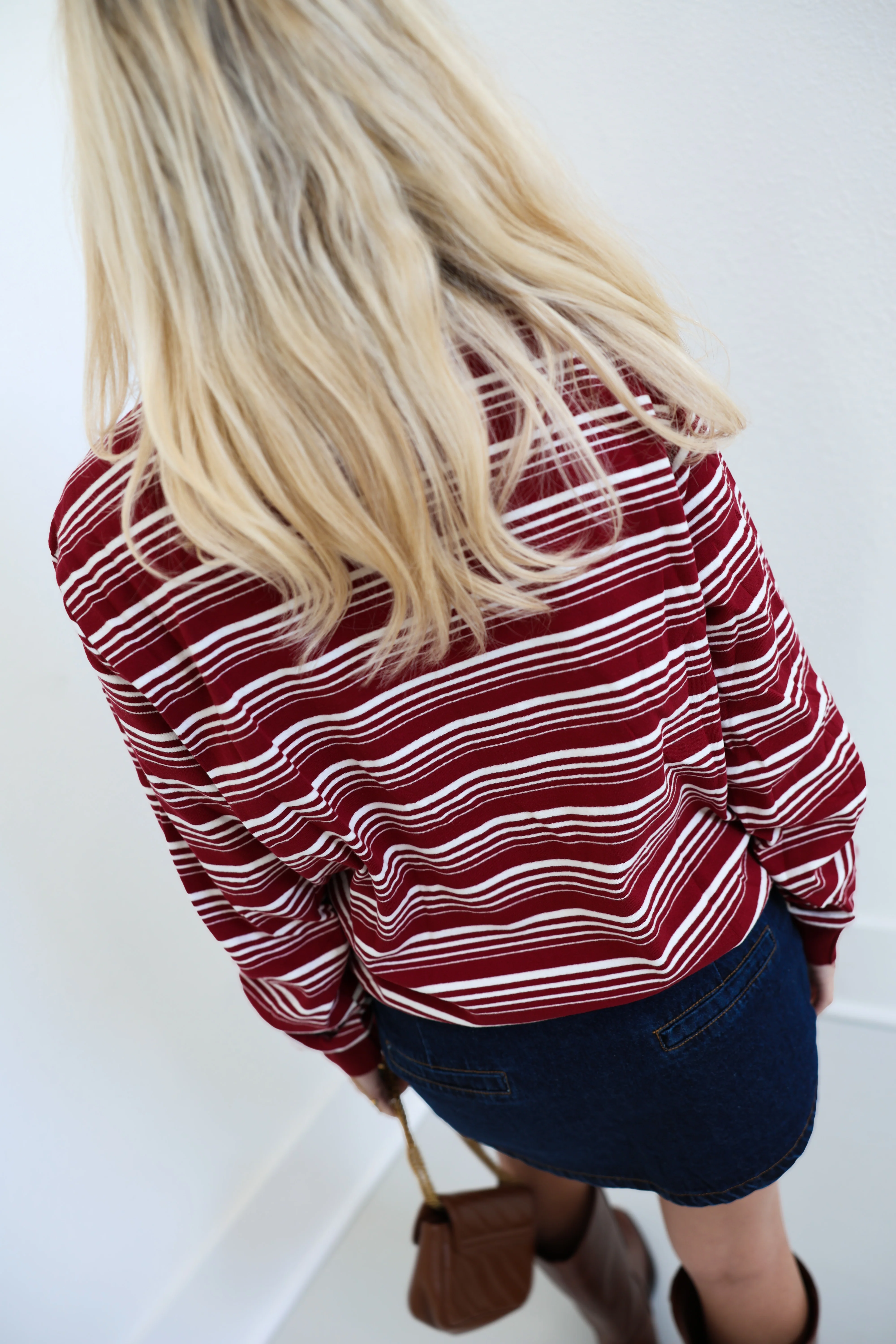 Riley Striped Polo Long Sleeve Top - Burgundy - Image 3